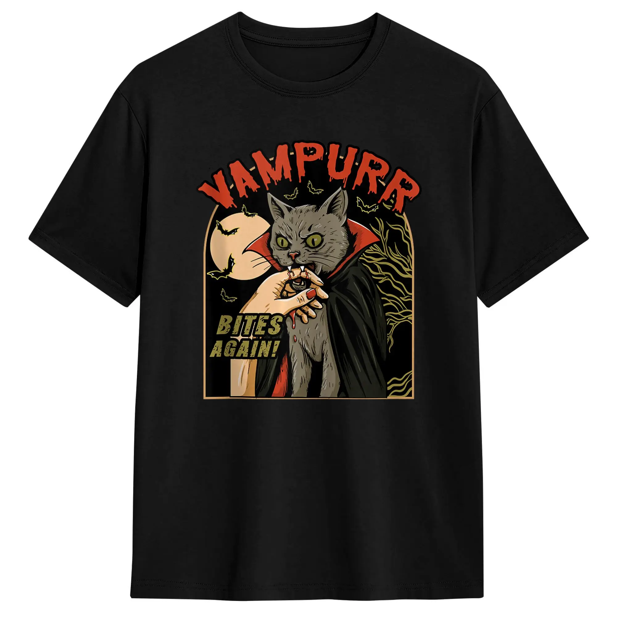 Halloween Cat Vampire Vampurr Bites Again Vintage Horror T-Shirt Summer Cotton T-Shirts For Men's Harajuku Casual Tee Shirt