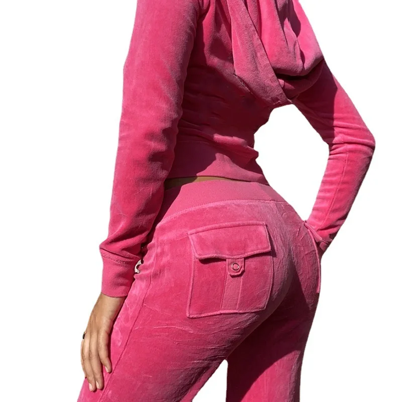 Solid Color Veet Slim Fit Sports Set With Zipper, Hooded Long Sleeved Jacket, High Waisted And Slimming, Lace Up Micro Flared