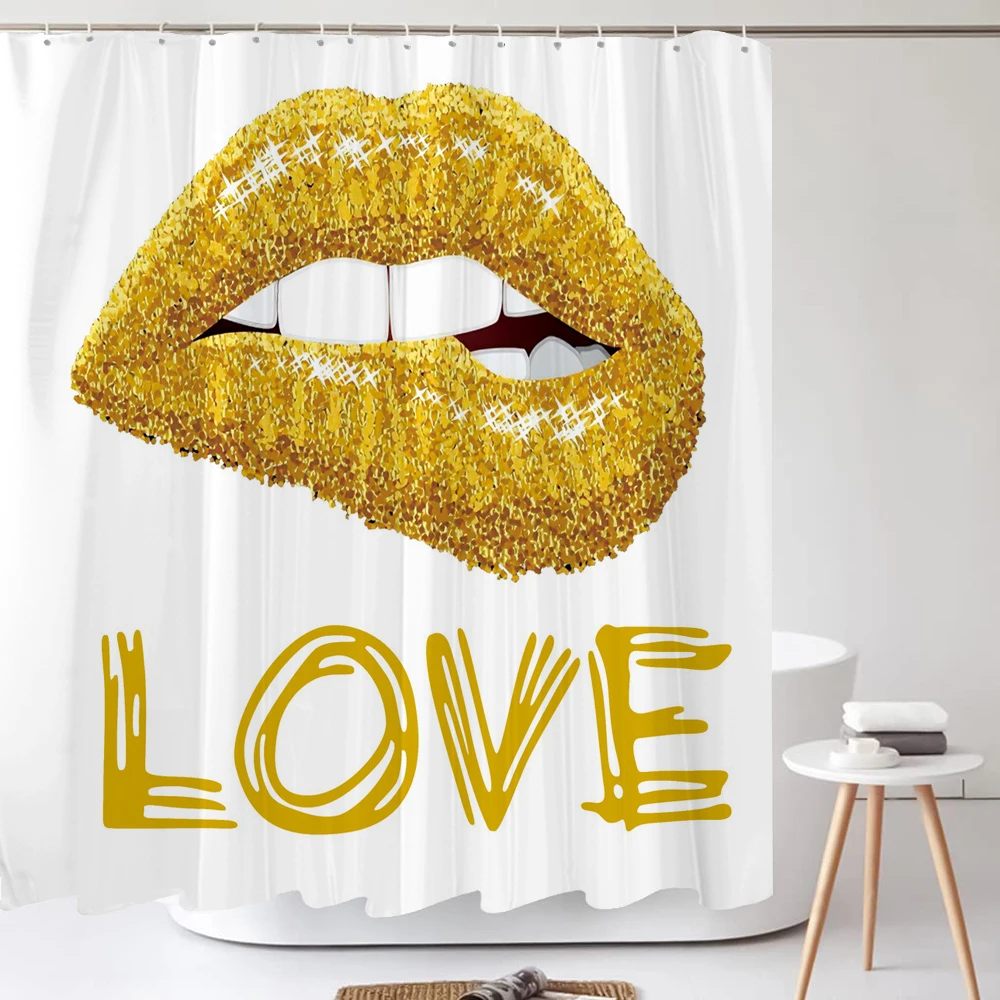 Love Print Shower Curtain Golden Lips Girl Bathroom Partition Waterproof Bath Curtains Toilet Bathtub Mat Set Home Decoration