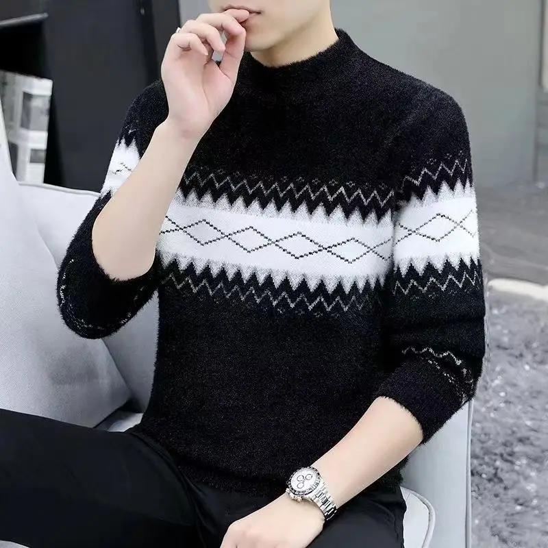 

Screw Thread Round Neck Men's Clothing Autumn Winter Pullover Lantern Long Sleeve Geometric Sweater Knitted Boyfriend Tops
