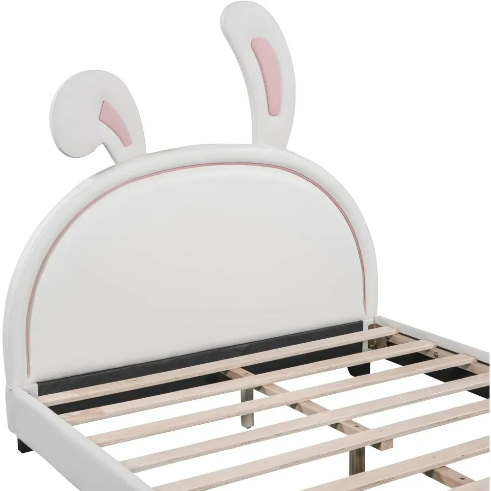 Cama de tamaño completo para niños con camas para niños en forma de conejito, muebles de marco blanco para dormitorio infantil