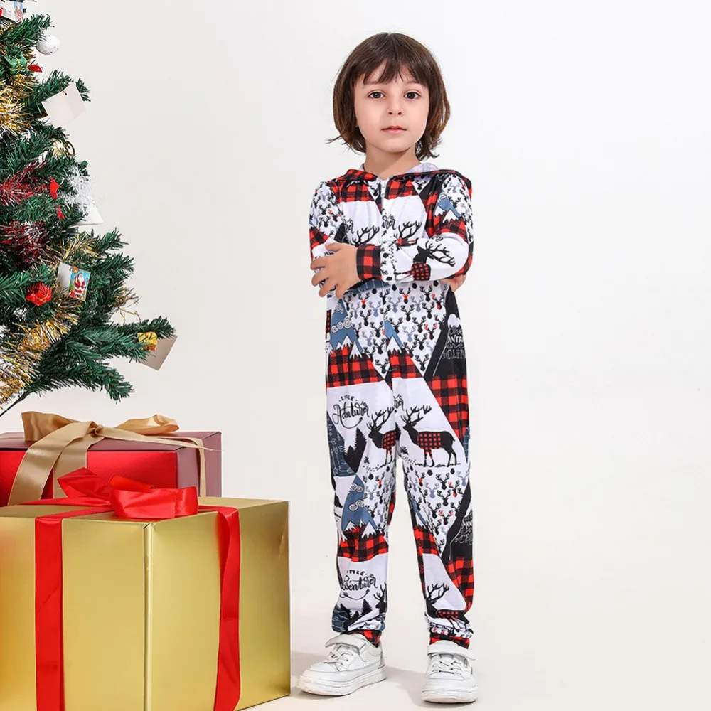 Christmas Family Matching Outfits Set Cartoon Elk Plaid Printed Pajamas Hooded Adult Kids Family Sleepwear Xmas Clothes Suit