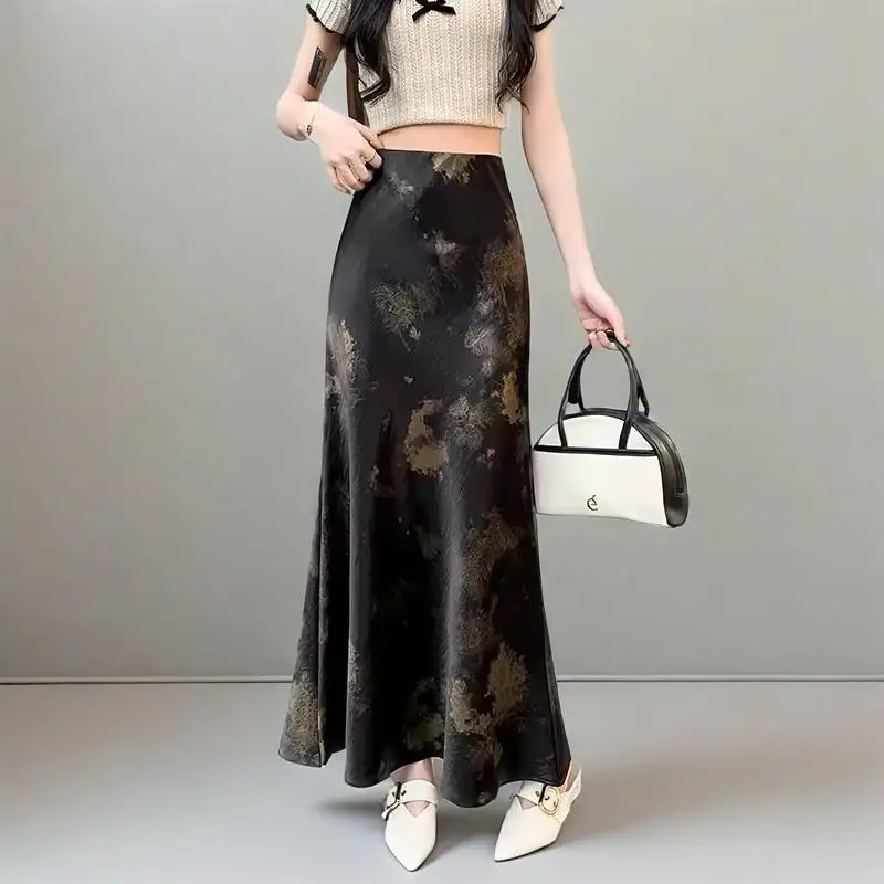 Koreaanse stijl elegante satijnen tie-dye bodycon vintage lange rok dames lente zomer mode hoge taille casual zeemeermin rokken
