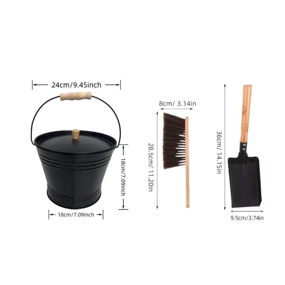 Galvanized Iron Fireplace Ash Bucket With Lid, Shovel & Brush Ash Can For Indoor Wood Stoves And Outdoor Fire Pits Cleaning