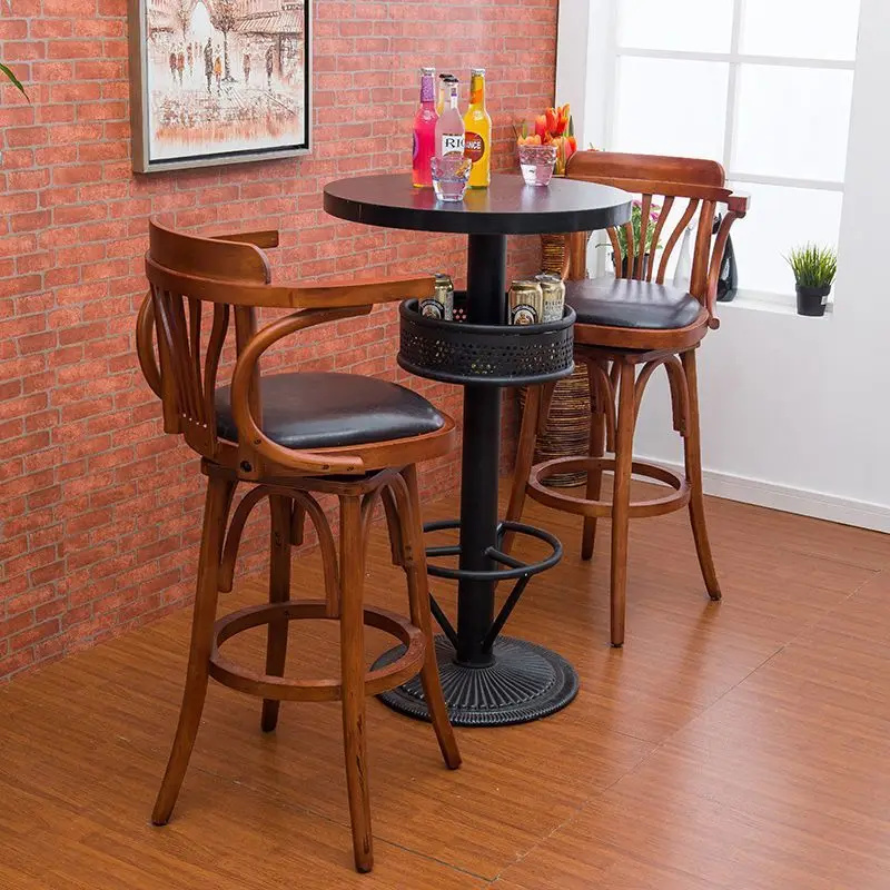 Factory Direct 2026 Retro solid wood rotating high bar chair casual coffee shop pub American bar stool restaurant clear bar high