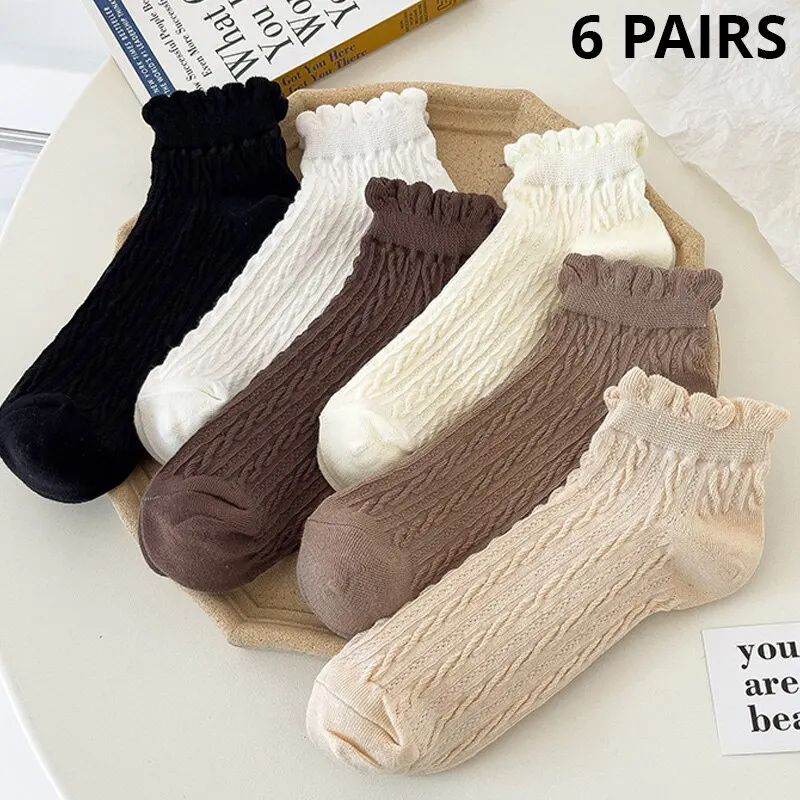 6 Pairs Women's Lace Socks Solid Color Sweet Fried Dough Twists Low Tube Socks Japanese JK College Style Korean Socks