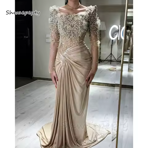 Elegant Beaded Evening Dress Long Sleeves 3D Floral Appliques Ruched Champagne Formal Dress Customized Reception Gown 2025