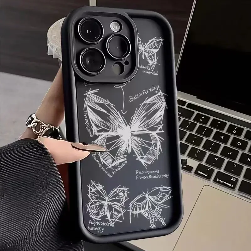 Sketch Lines Butterfly Silicone Phone Case for iPhone 15 Pro Max Cases iPhone 11 12 13 14 16 Pro Max Mini X XS XR 7 8 Plus Cover