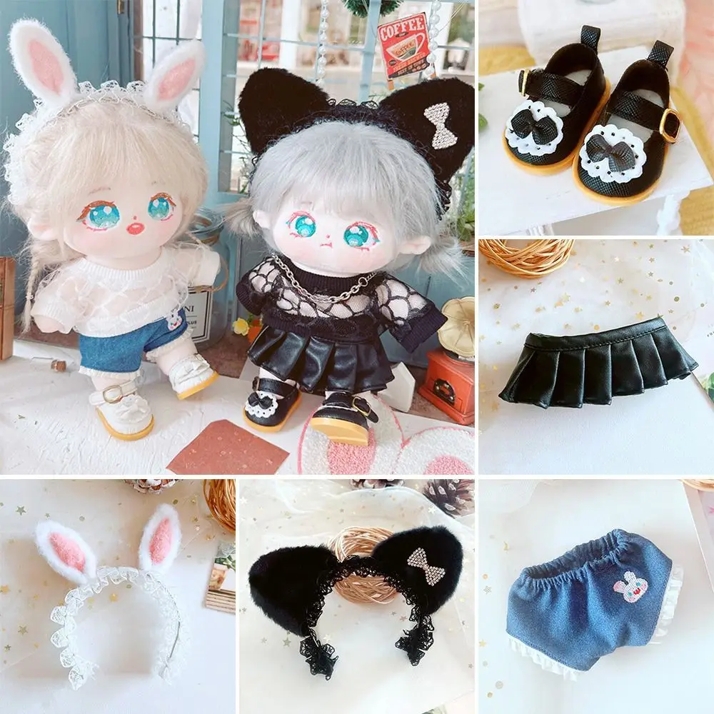 20cm Plush Cotton Doll's Sweater Fashion PU Leather Skirt for Idol Dolls Doll Heawear Headband DIY Clothes Jeans