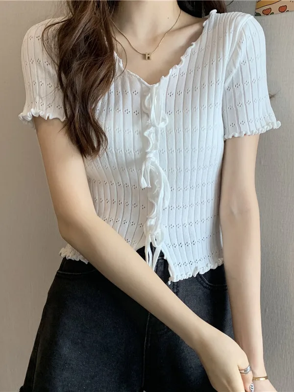 

Sweet Sle Ice Silk Knitted ort Sve T-irt Women's Summer Thin Hollow out oulder White ort Top with High Waist Pants