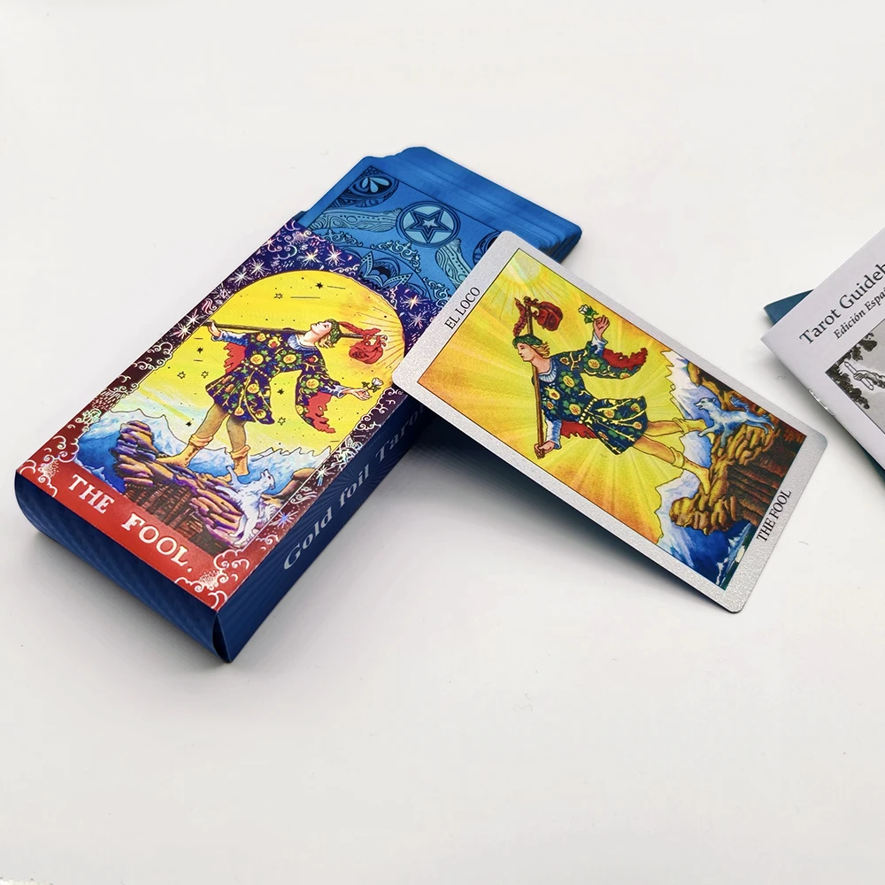 Goldfolien-Tarot Spanisch & Englisch Edition, Tarot auf Spanisch, Laser Glänzendes Majestätisches Orakel mit Zweisprachigem Begleitbuch – Detail 4