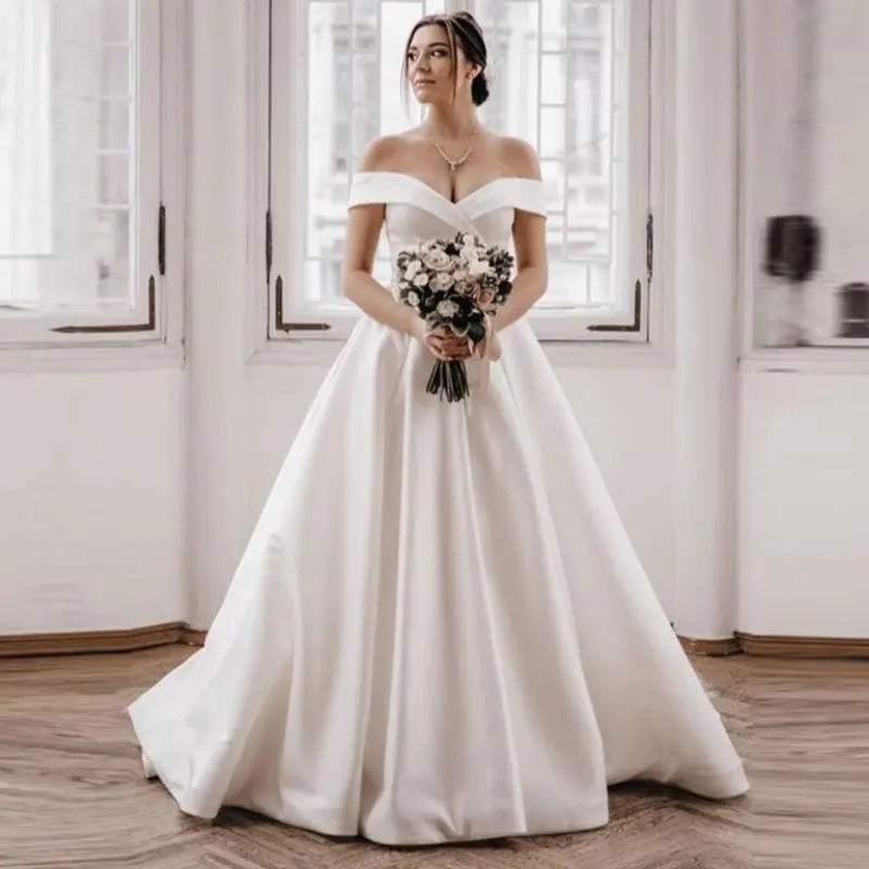 Customized A-Line Satin Women Wedding Dresses V-Neck Off The Shoulder Bridal Gowns Vestido De Noiva robe de mariée Abendkleider
