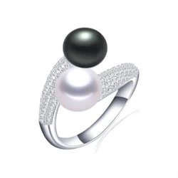 New Double Pearl Adjustable Natural Freshwater Pearl Original 925 Sterling Silver Zircon Women's Ring Fine Bridal Jewelry