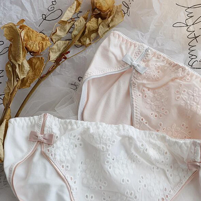 Women Cotton Hollow Flower Embroidery Palace Princess Style Cute Lovely Sweety Underwear Bow Lolita Stretch Panties Breifs