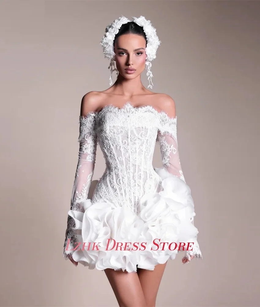 Personalizado sexy jérsei a linha fora do ombro rendas babados vestido de noite alta qualidade barco pescoço mangas compridas vestidos de festa