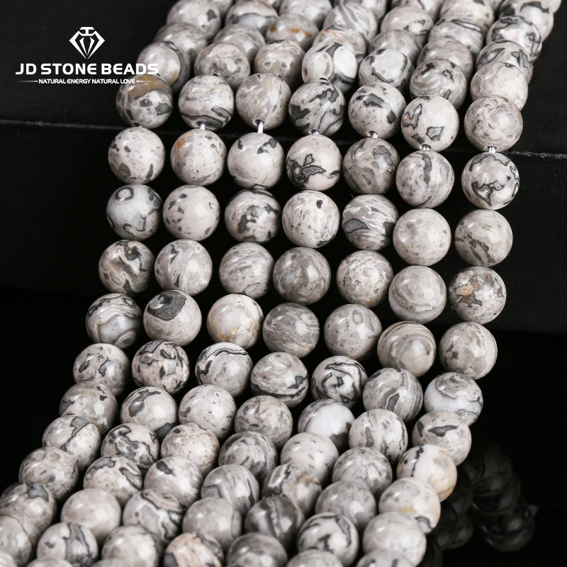 

Wholesale Natural Stone Gray Picasso Map Jasper Bead Round Loose Spacer 4 6 8 10MM For Jewelry Making Diy Bracelet Necklace