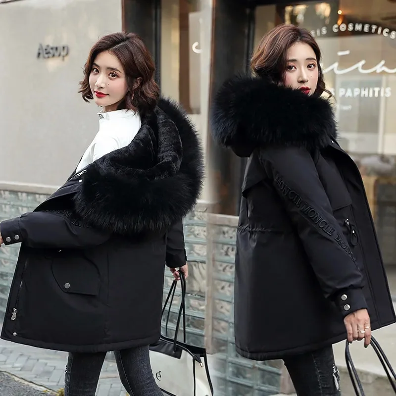 Winter Women Parka 2023 Fashion Long Coat Wool Liner Hooded Parkas Fur Collar Jacket Warm Snow Wear Padded Detachable Clothes