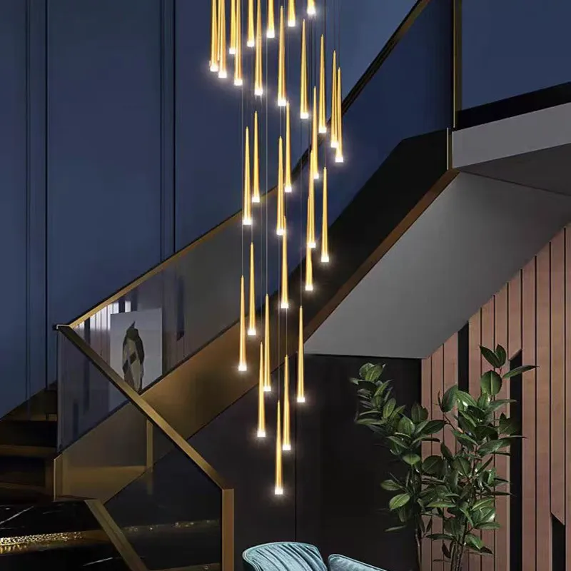 

Stair Chandelier Modern Duplex Apartment Building Living Room Pendant Lamps Nordic Restaurant Loft Black Long LED Hanging Lights