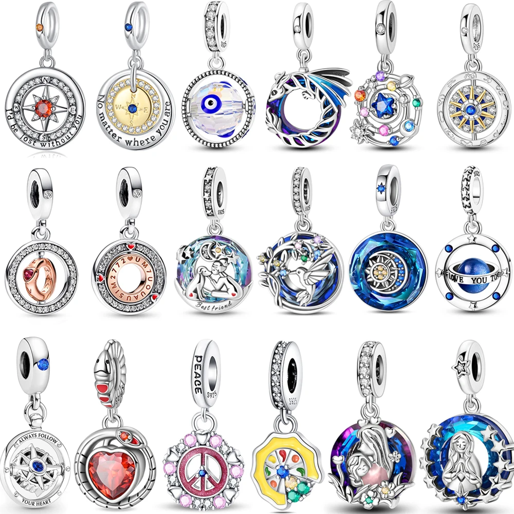 Sparkling Sun,Star & Moon Spinning Evil Eye Celestial Dangle Charm Fits Bracelet For Women 925 Sterling Silver Necklace Pendant