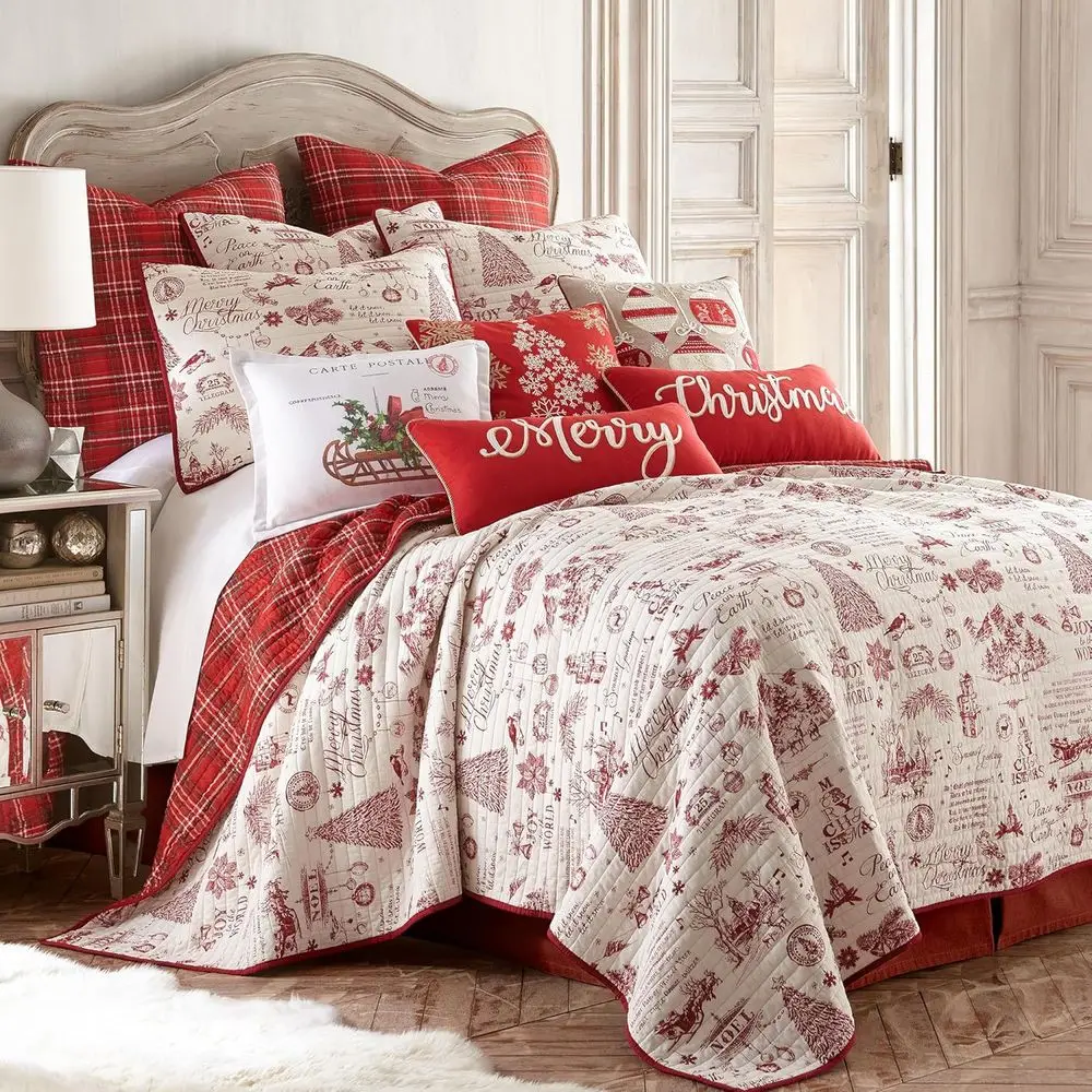 Set Selimut Katun Motif Natal Merah & Krem - Ukuran Full/Queen 88x92 inci + 2 Sarung Bantal 26x20 inci - Dapat Dibalik
