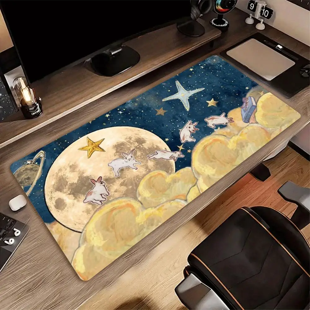 Moon Rabbit Starry Sky XXL Gaming Mouse Pad Non-Slip Rubber Overlocked Deskmat Cloud Planet Splash Star Art Keyboard Mats
