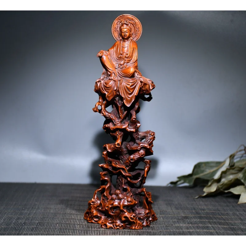 

8" China Box-wood Hand Engraving Buddhism Tree Stool Guanyin Kwan-yin Sitting Pine Statue Craft Gift Decoration Home Decore