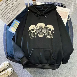 Women Fashion Skull Printed Hoodies Autumn Winter Long Sleeves Plus Velvet Casual Loose Sweatshirt Hip Hop Fleece Tops Oversized
