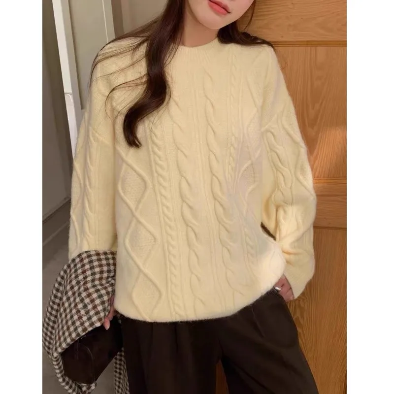 

Высококачественный витой женский свитер из чистой шерсти 100, осенне-зимний, свободный утолщенный кашемировый вязаный топ с круглым вырезом