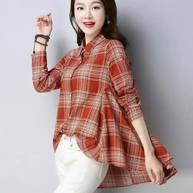 Korean Fashion Asymmetrical Plaid Shirt Women Clothing 2022 Autumn New Casual Commuter All-match Lapel Long Sleeve Loose Blouses