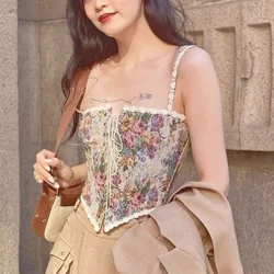Women Print Halter Tops Chic Bandage Retro Floral Corset Shirts Elegant Designer Vintage Sexy Style Party Club Ladies Top