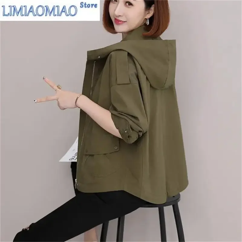 New 4XL Windbreaker Women Spring And Autumn Hooded Korean version of Loose Short Hooded Coat Silm Casual Pocket Coat Female