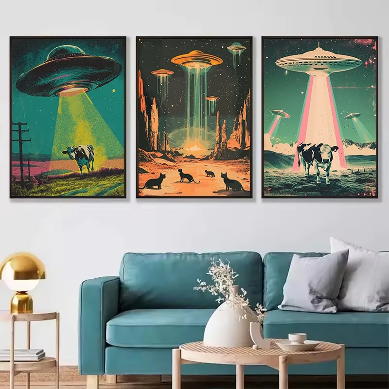 Retro 1970s UFO Sci-fi Alien Spaceship Surreal Space Cow Abduction Poster Canvas Painting Wall Art Pictures Home Decor