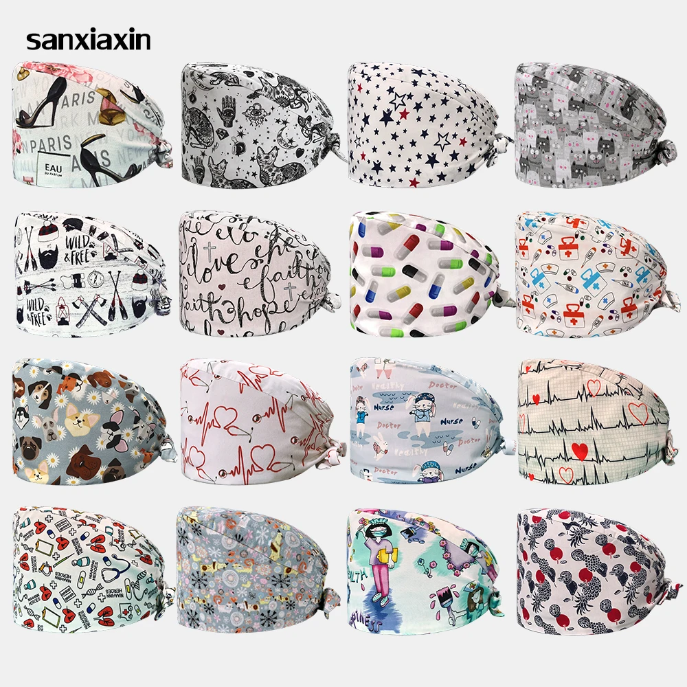 

100% хлопок, аптечная рабочая шапка, мужская и женская медицинская кепка-скраб, эластичная секция, рабочая кепка для ухода за домашними животными, медсестра, рабочая кепка с принтом, докторская шляпа
