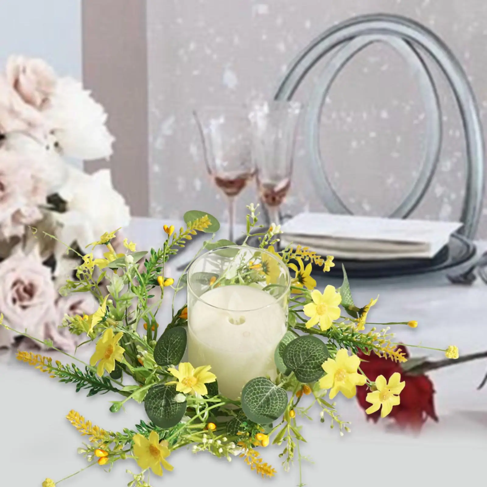 Artificial Floral Candle Ring Table Floral Decor Candle Holder