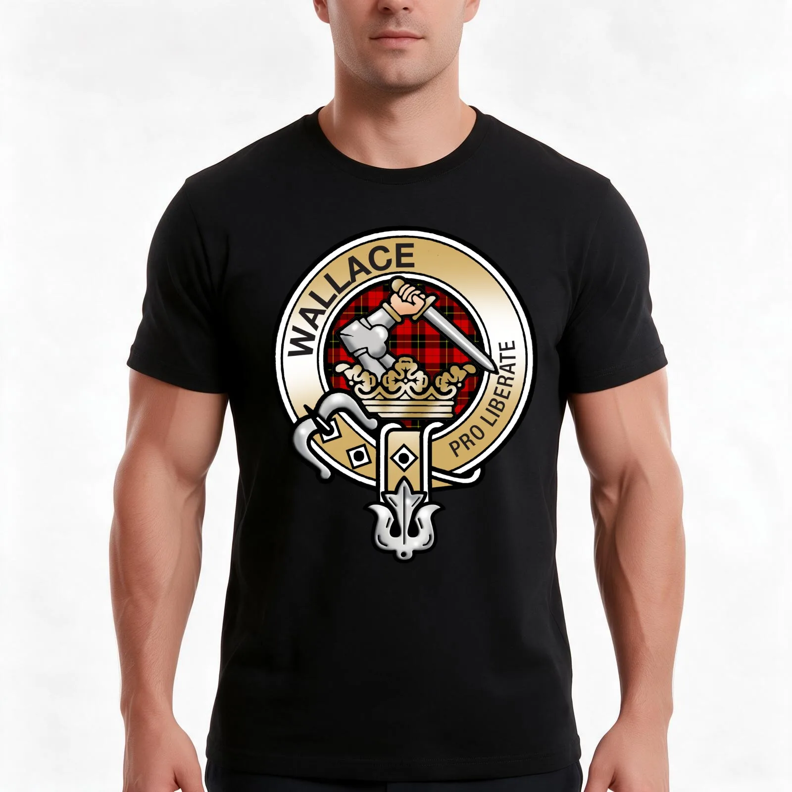 Wallace Clan Crest T-Shirt, Summer Casual Cotton Tee, Oversized Streetwear Tops, Vintage Graphic Print, Loose Fit Short Sleeve