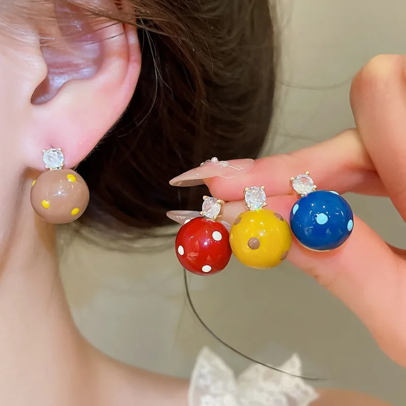 Minar Creative Red Blue Yellow Coffee Enamel Round Dot CZ Cubic Zirconia Dangle Earrings for Women 14K Real Gold Plated Copper