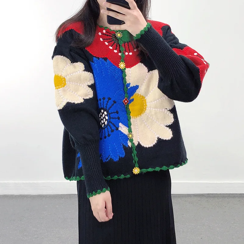 Flower Embroidery Sweater Women Autumn Winter Black Cardigan Knit Jumper Casual Warm Jacquard Top Jumpers