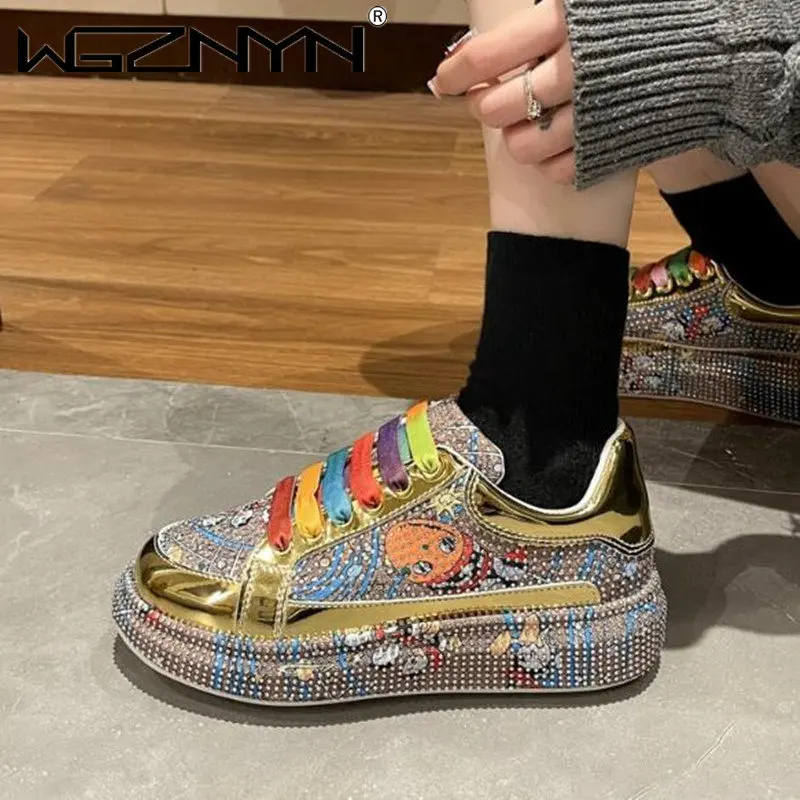 New Spring Women Sneakers Fashion Rhinestones Thick Sole Sports Shoes for Youth School Shoes Crystal Silver Platform Sneakers