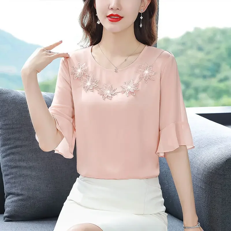 Sommer neue Chiffon lose All-Match-Shirt Tops Rundhals ausschnitt Flare Ärmel einfarbige Bluse elegante Mode Damen bekleidung x802