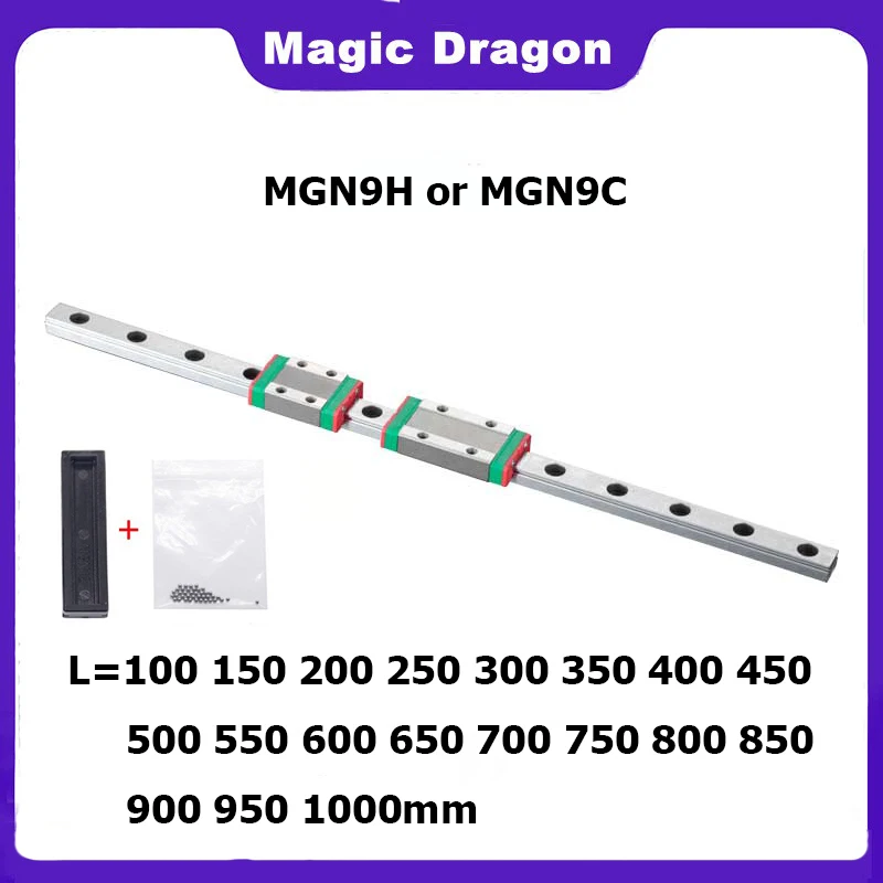 NEW 9mm Linear Guide MGN9 100 150 200 250 300 350 400 450 500 600 800 1000 mm Linear Rail + MGN9H or MGN9C Block 3D Printer CNC