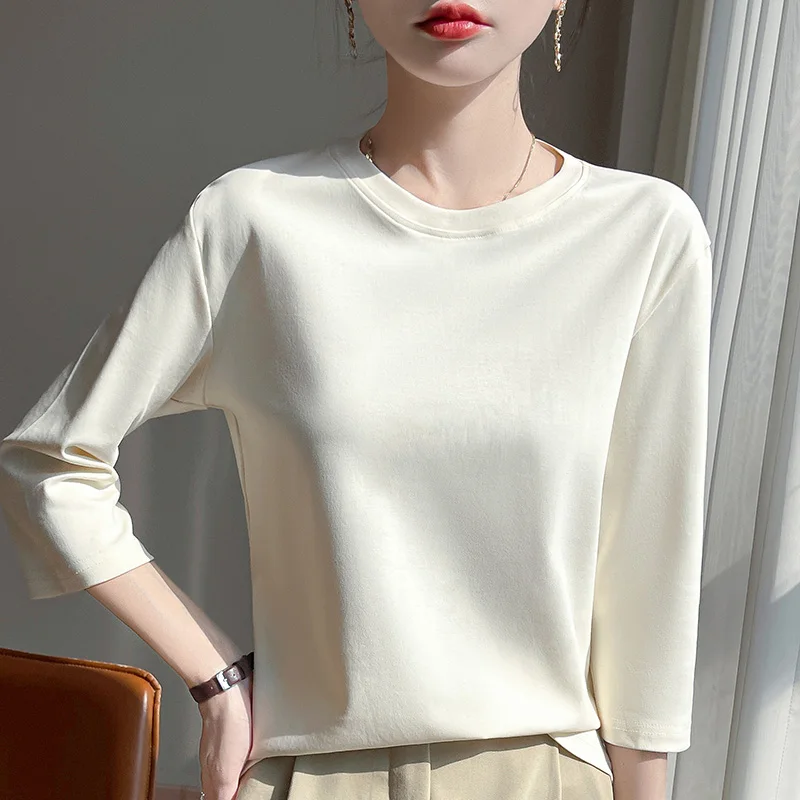 Summer Cotton Short-Sleeved T-Shirt Women's Round Neck Seven-Point Sleeves Loose Mercerized Cotton Half-Sleeve Shirt New T-shirt image 3