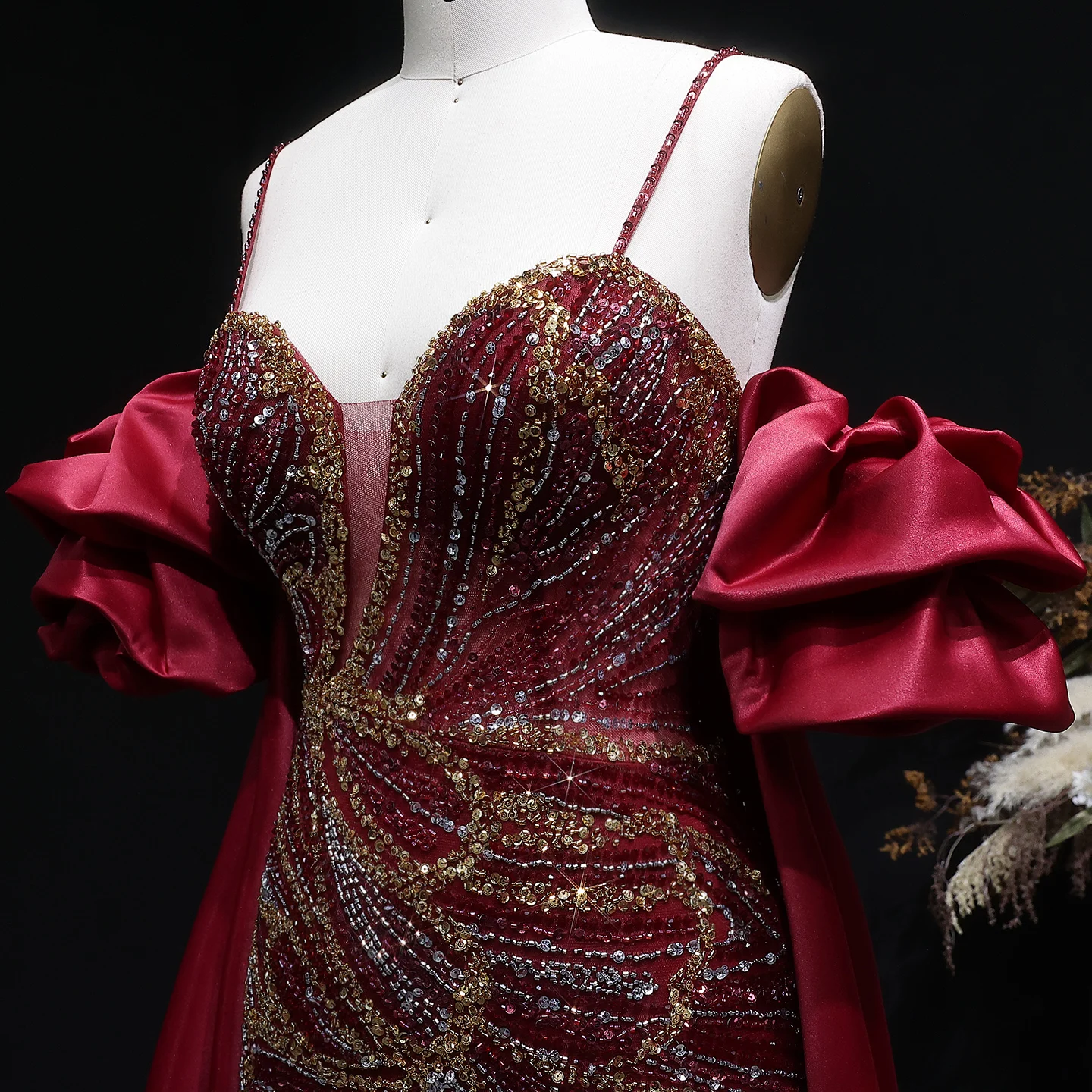 Sharon Said Elegantes Grünes Meerjungfrauenkleid mit Perlenstickerei, Schulterfrei, mit Satinumhang, Damen-Partykleid, SS157, Anpassbar – Detail 25