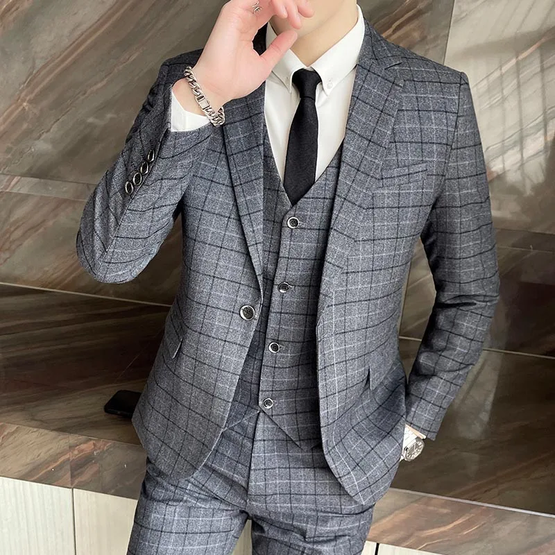 

Men's Formal Wedding Three-Piece Suit Casual Checkered Slim Fit Korean Style Groomsmen Fashionable Business Casual Polyester