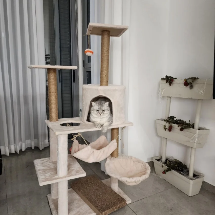 Wooden Cat Climbing Tower, Multilevel Cat Tree House, Sisal Rope, Scratching Posts, Plush Cloth Hammock, Pet Bed, Condos