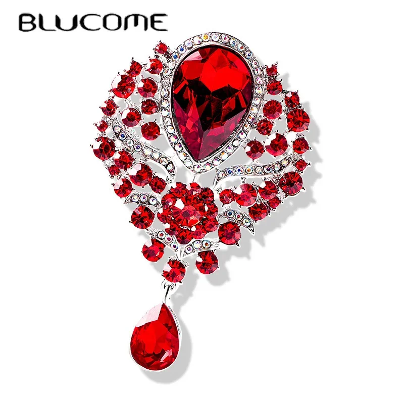 

Blucome Big Crystal Waterdrop Flower Brooches Women Palace Style Flower Weddings Party Casual Brooch Pins Gifts