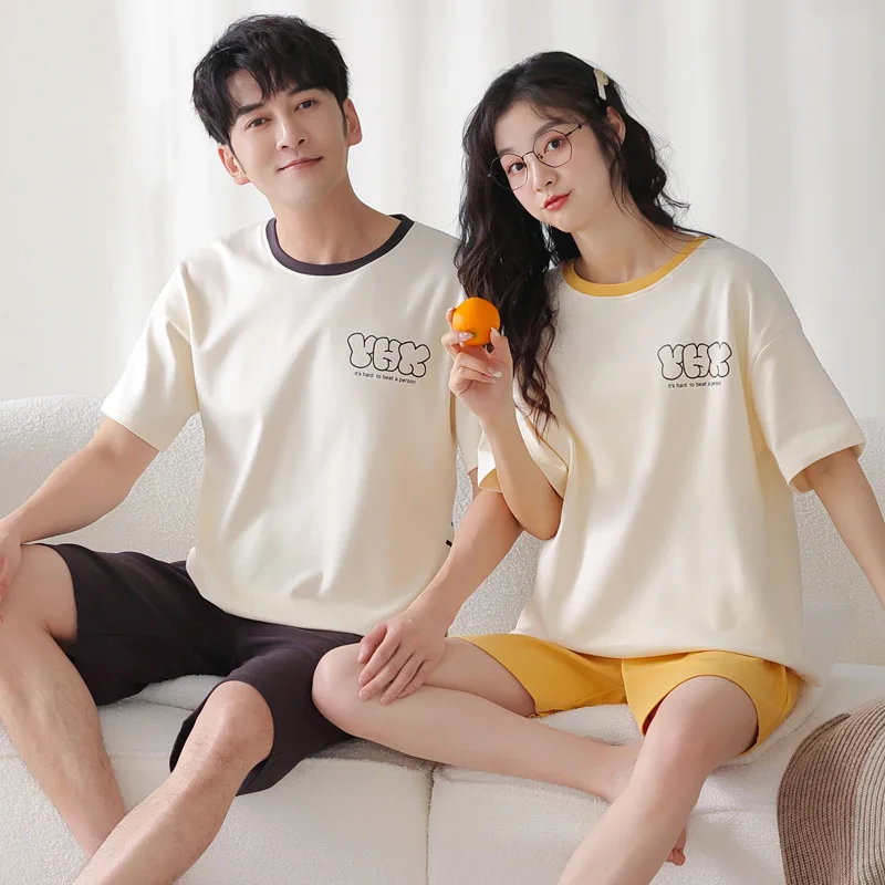 

Summer O Neck Cotton Home Clothes for Couples Short Sleep Top & Shorts Pajamas Set for Young Boy Girl Cartoon Cute Homewear Wome