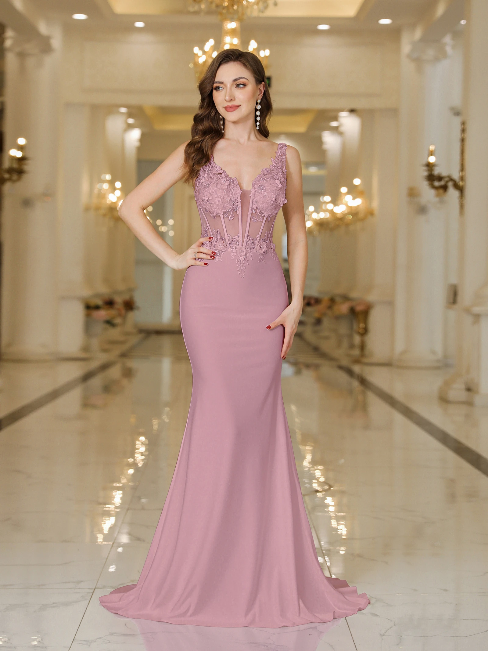 ชุดเดรสยาวสีชมพูบีน แต่งลูกไม้ แอพพลิเค คอวี โชว์หลัง ชุดแต่งงาน ผ้าชีฟองบางเบา ทรงปลายหางปลา สำหรับงานเลี้ยงหรืองานพิธีการ