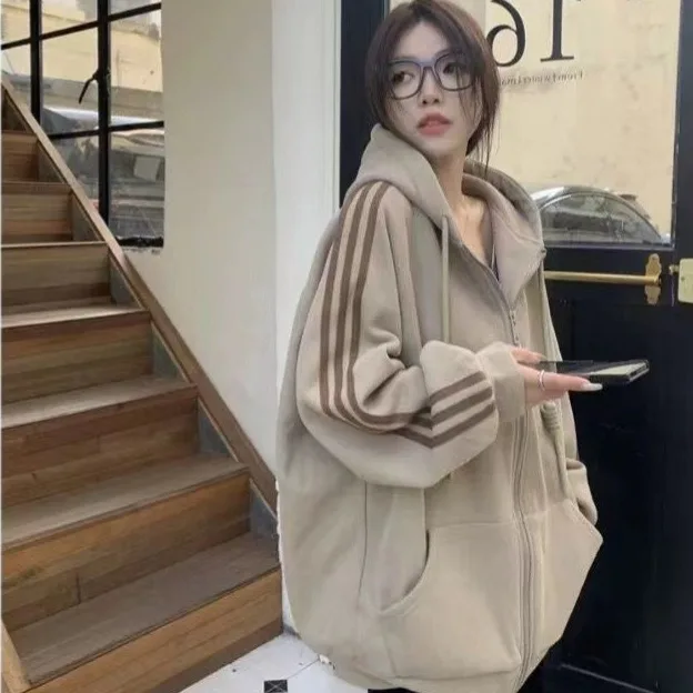 

Американский ретро осенне-зимний новый свободный кардиган большого размера с длинными рукавами и молнией, стеганый и утолщенный свитер с капюшоном, куртка