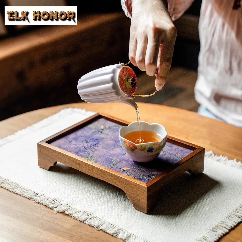 Walnut Cloud Veil Flowers And Bamboo Rectangle Tea Tray Cake Rack Coffee Storage Board Tea Furniture Dishes For Serving Teaware view 2