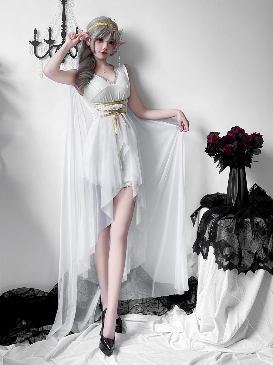 

Godd White Long Dr Хэллоуин Косплей Взрослый Эльф Доктор Королева Костюм для выступлений Этническая сцена Женская мода Лето 2024